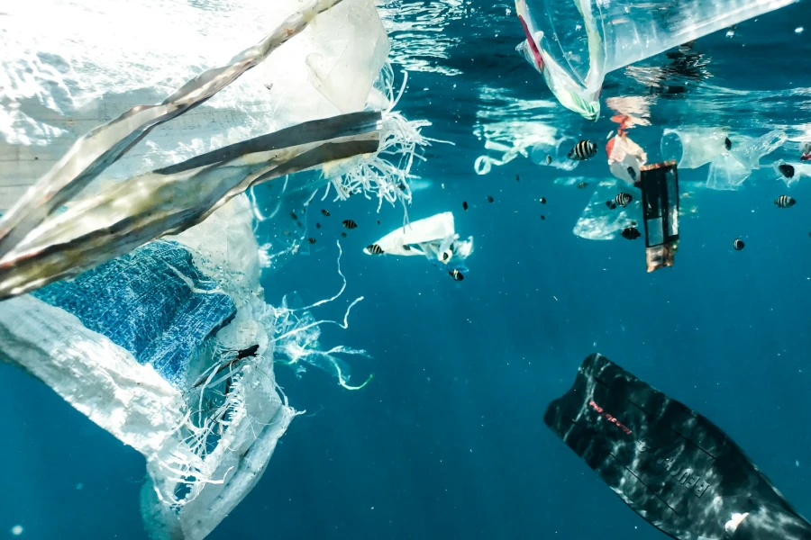 A group of garbage floating in the ocean