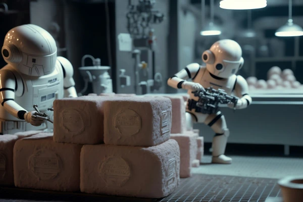 A robot holding a gun next to a pile of rolls of toilet paper